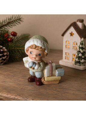Homco 5556 Figurine Boy With Sled and Gifts Hand Painted Porcelain Vintage